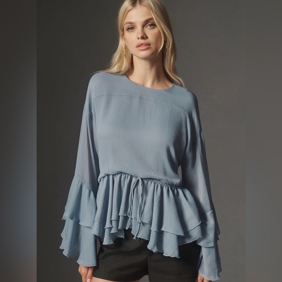 Elegant Blue Ruffle Sleeve Tunic Blouse by anthropologie - Picture 3 of 4